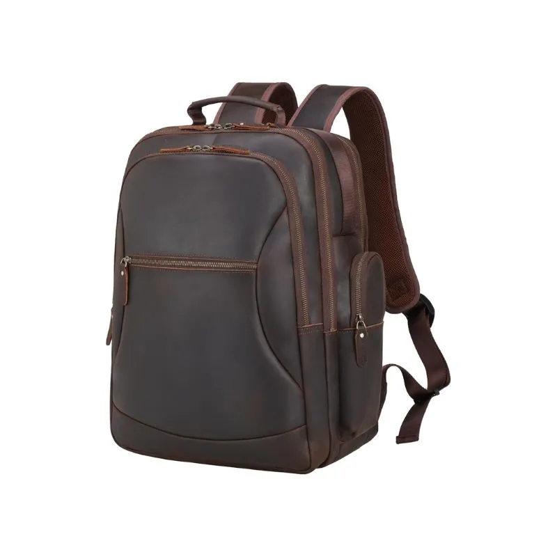 Beige Leather Backpack with Chevron Pattern and Chain Accent