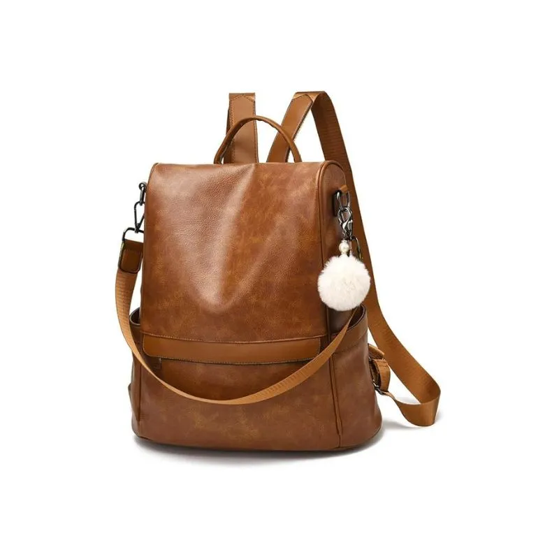 Brown Leather Backpack with Furry Charm for Women