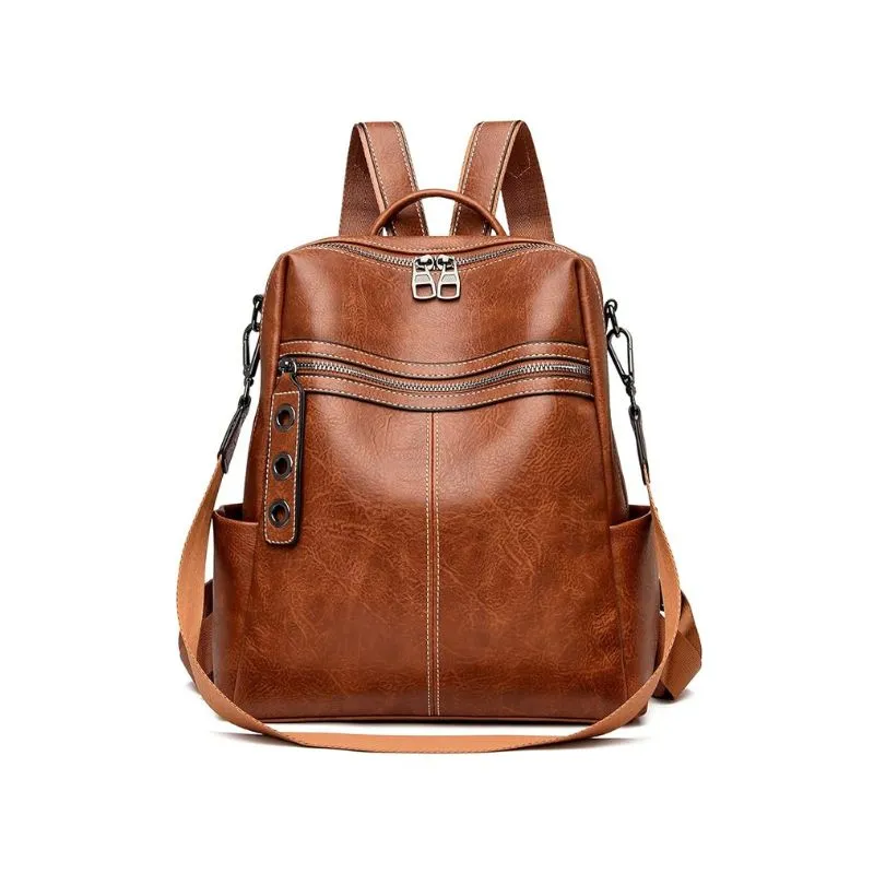 Brown Leather Backpack with Stylish Zipper Accents
