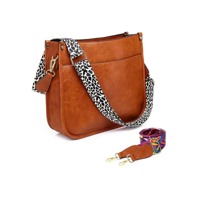 Brown Leather Bag with Stylish Leopard Strap