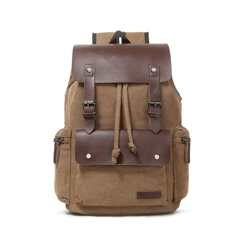 Canvas Backpack with Brown Leather Flap and Vintage Style