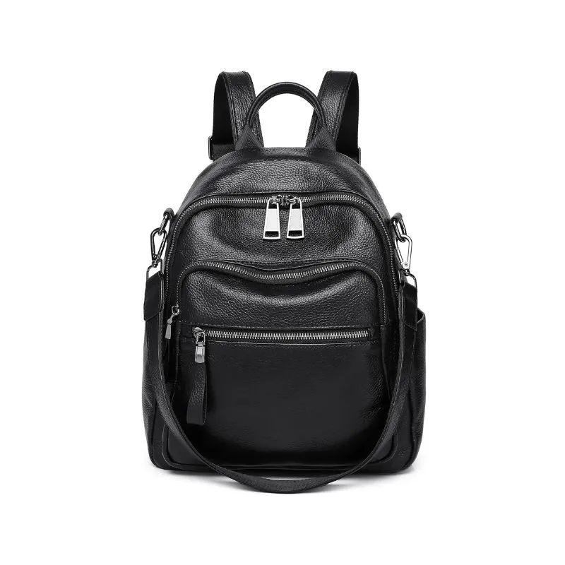 Classic Black Leather Backpack with Multiple Zippered Pockets