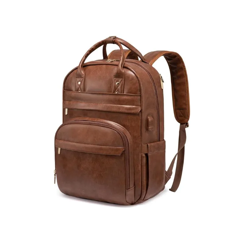 Classic Brown Leather Backpack with USB Charging Port