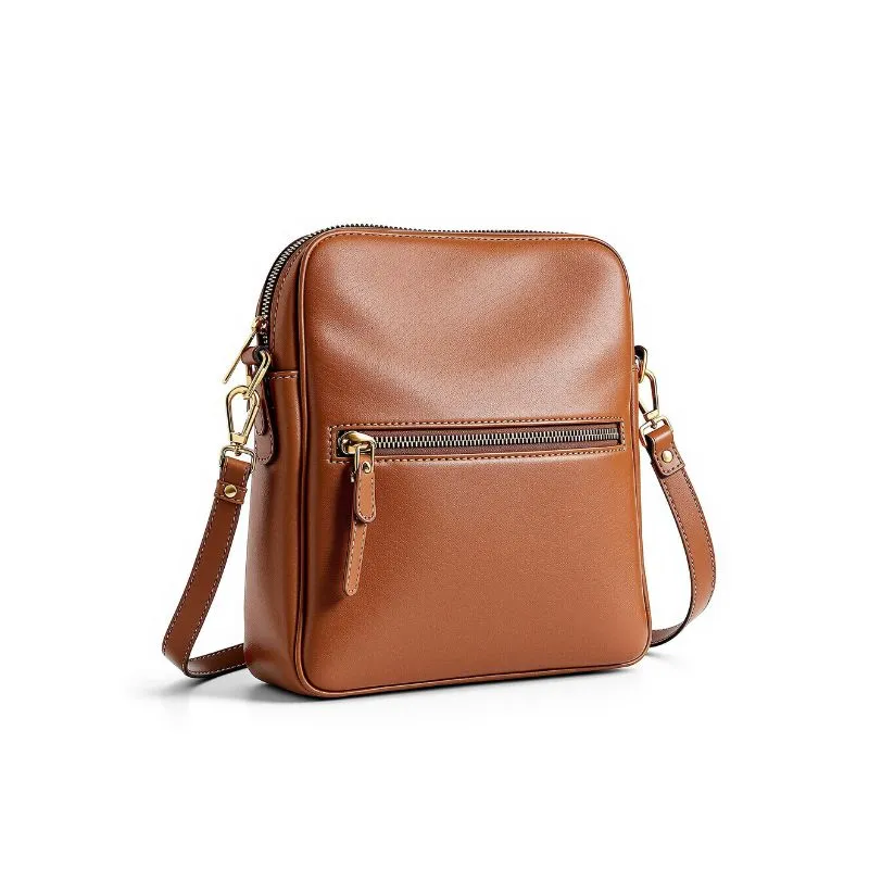 Classic Brown Leather Crossbody Bag with Zip Pocket