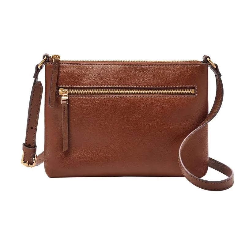Compact Brown Leather Crossbody Bag with Gold Zipper