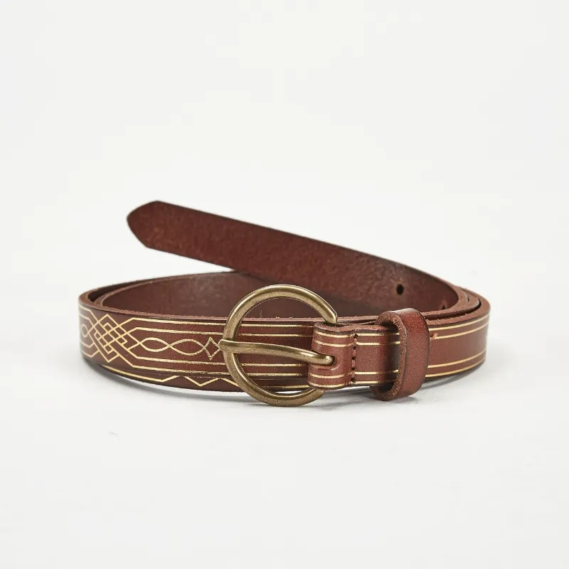 Patterned Genuine Leather Belt with Round Buckle