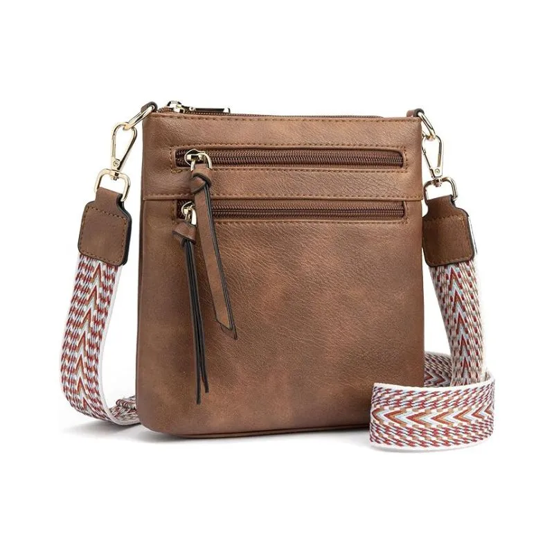 Vintage Brown Crossbody Bag with Dual Zipper Compartments