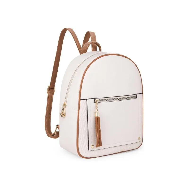 White Leather Backpack with Brown Accents for Women