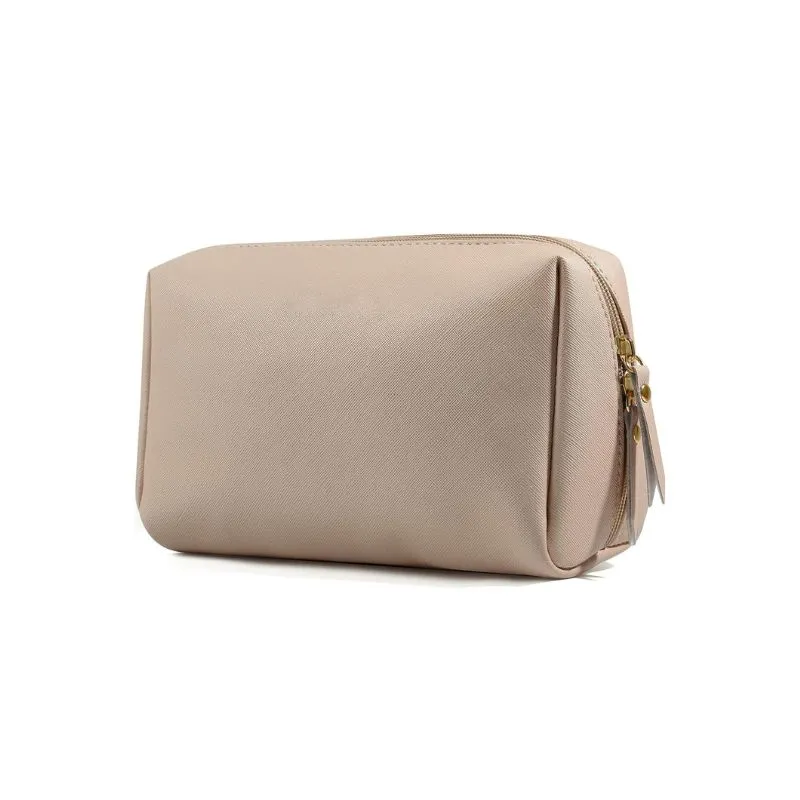 Beige Textured PU Leather Cosmetic Bag for Makeup