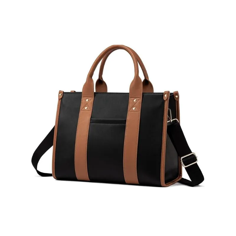 Black And Brown Leather Tote Bag With Strap
