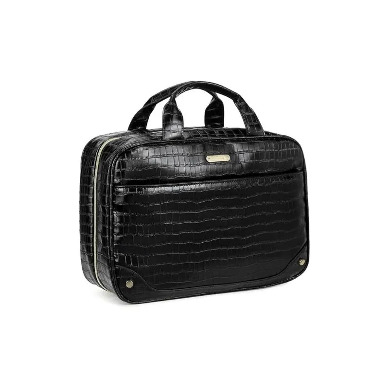 Black Croc-Embossed Leather Cosmetic Bag with Handle