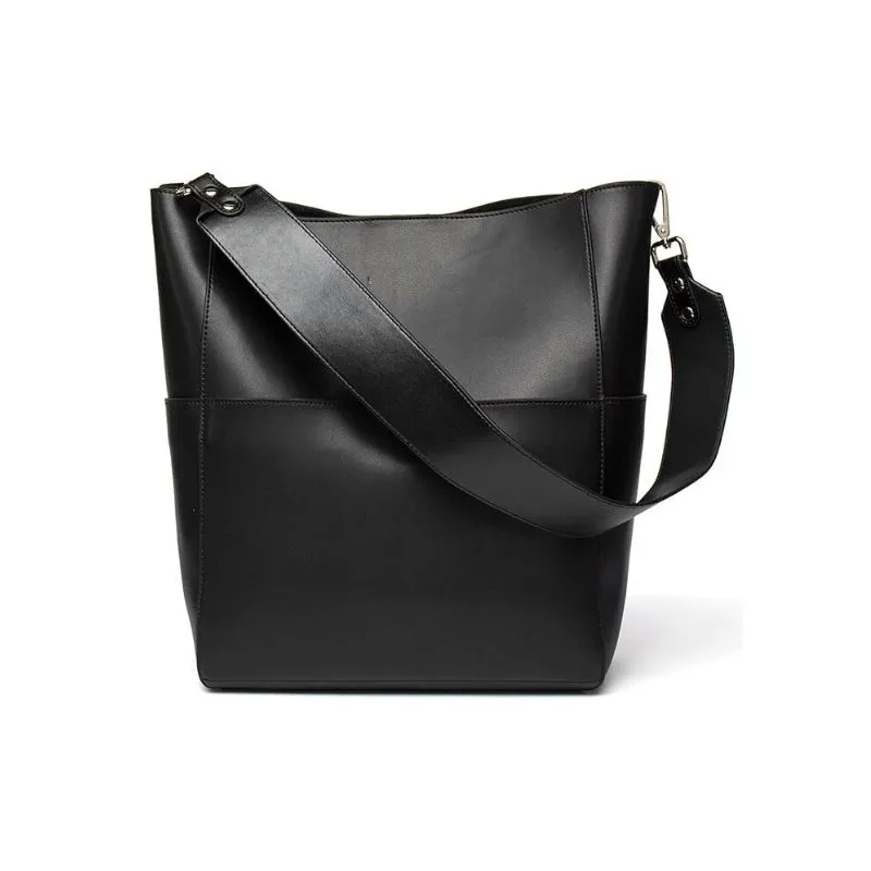 Black Leather Bucket Tote Bag For Work