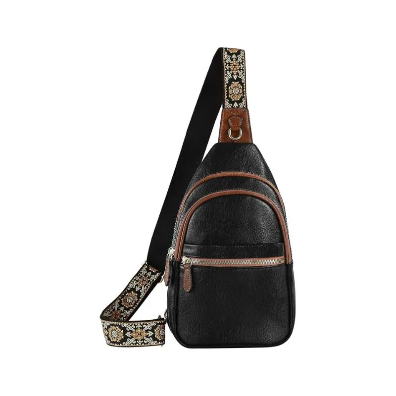 Black Leather Cosmetic Bag With Embroidered Strap