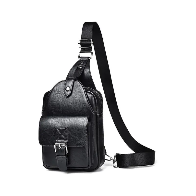 Black Leather Cosmetic Bag With Front Buckle Closure