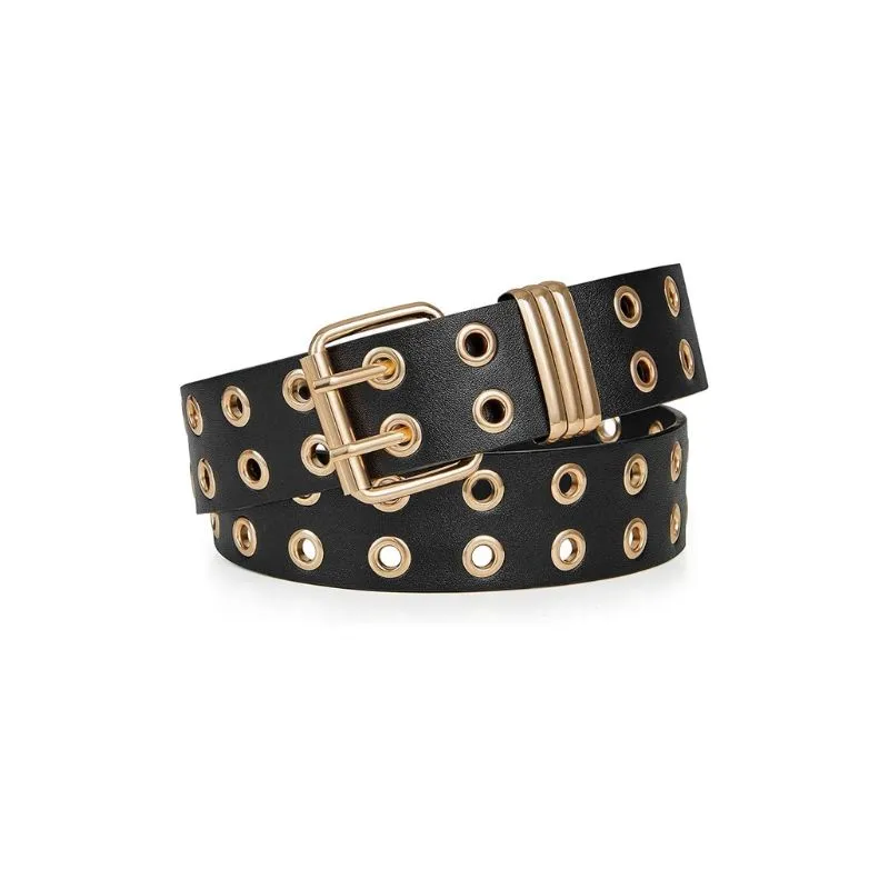 Black PU Leather Belt With Gold Eyelets