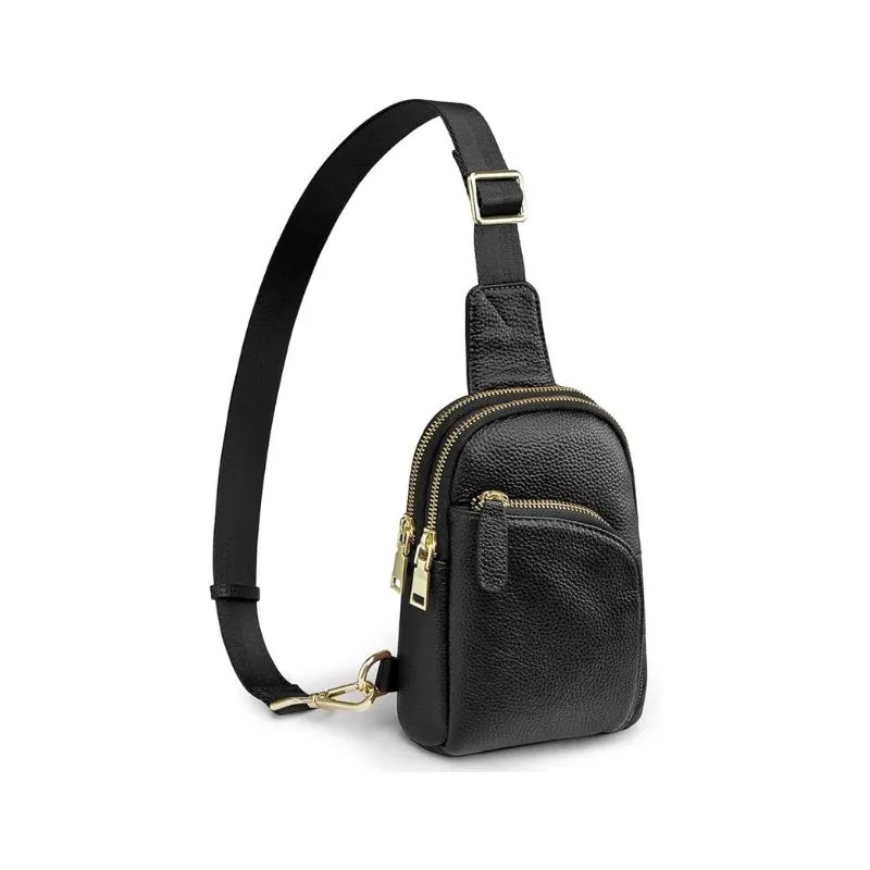 Black Pebbled Leather Cosmetic Bag With Gold Zippers