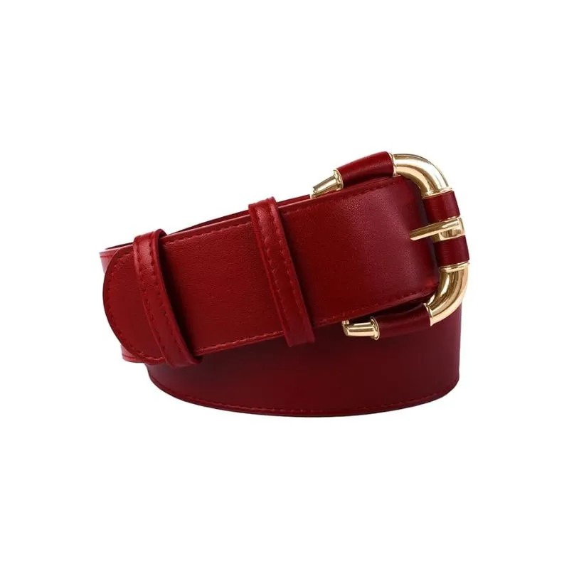 Bold Red Women‘s Leather Belt With Oversized Buckle