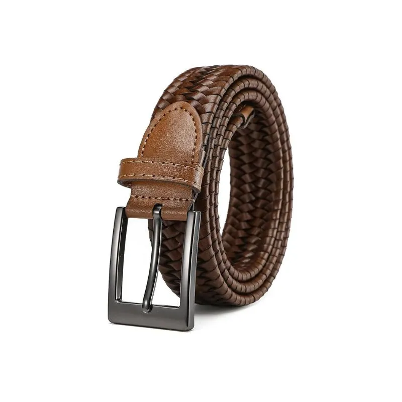 Brown Braided Leather Belt With Modern Black Buckle