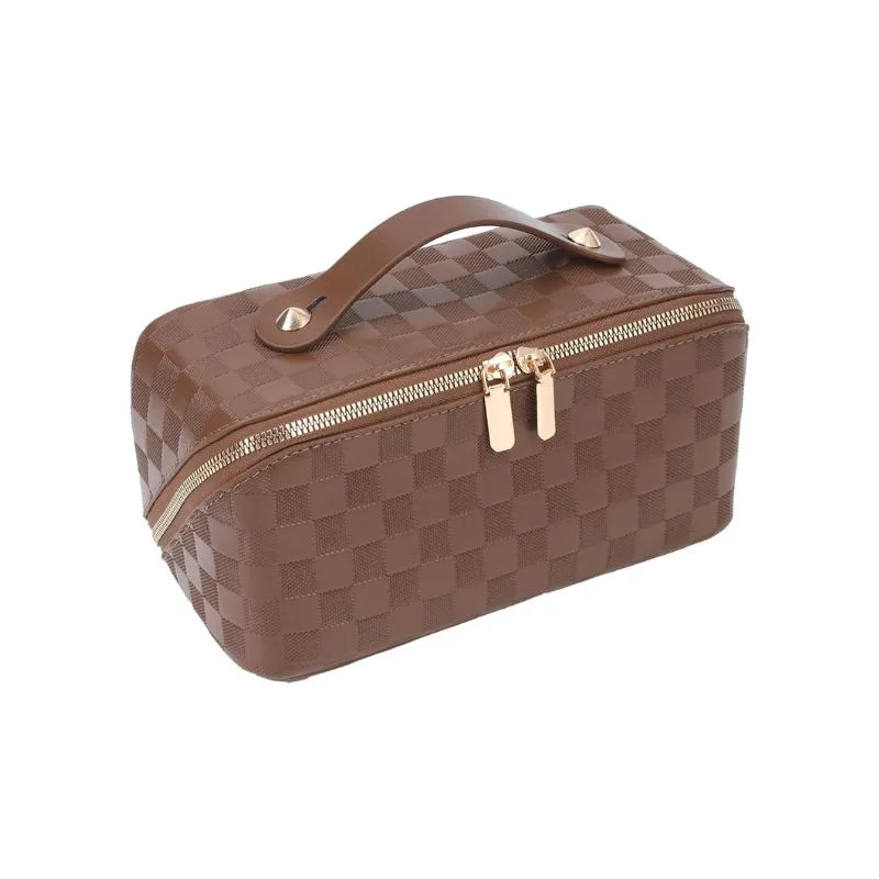 Brown Checkered PU Leather Cosmetic Bag for Makeup