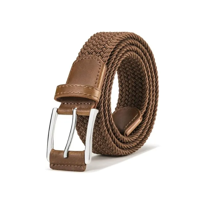 Brown Stretch Woven Belt With Leather Accents
