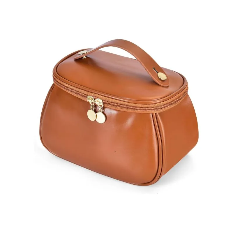 Camel Genuine Leather Cosmetic Bag with Gold Zippers