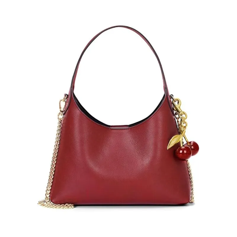 Cherry-Embellished Red Leather Hobo Bag For Parties