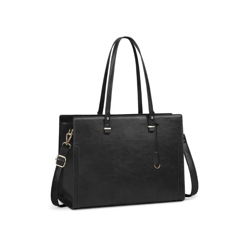 Classic Black Leather Laptop Tote Bag With Adjustable Straps