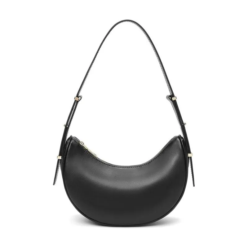 Crescent Black Leather Hobo Bag With Dual Adjustable Straps