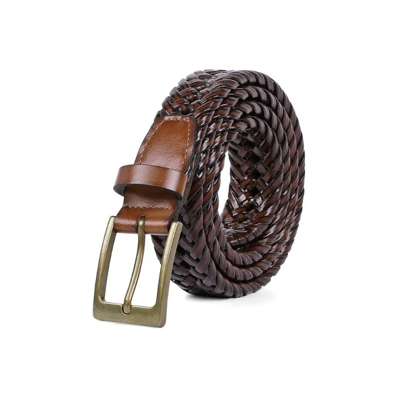 Dark Brown Braided Leather Belt With Brass Buckle