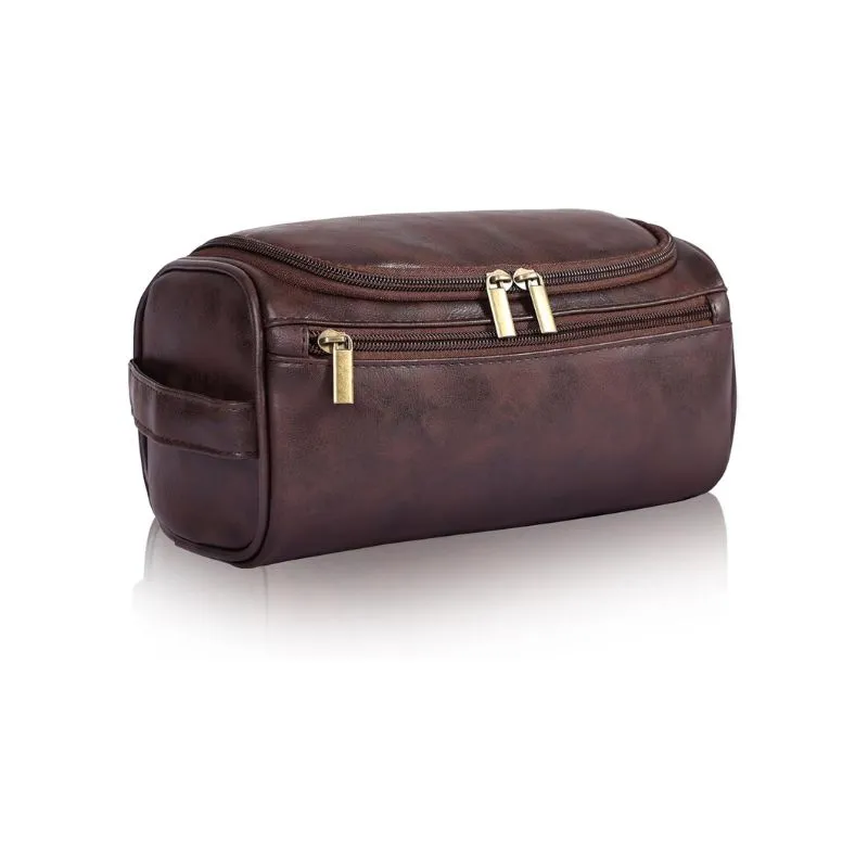 Dark Brown Leather Cosmetic Bag for Grooming Essentials