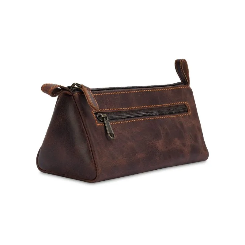 Dark Brown Leather Cosmetic Bag with Triangle Design