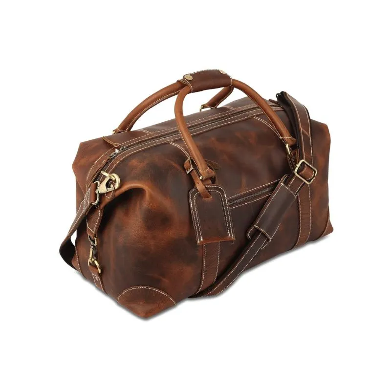 Dark Brown Leather Duffle Bag With Travel Tag