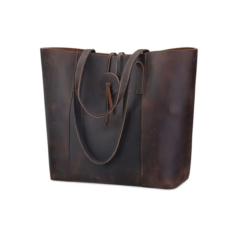 Dark Brown Leather Tote With Unique Closure
