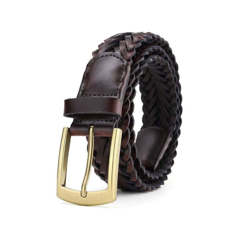 Dark Brown Woven Leather Belt With Brass Finish