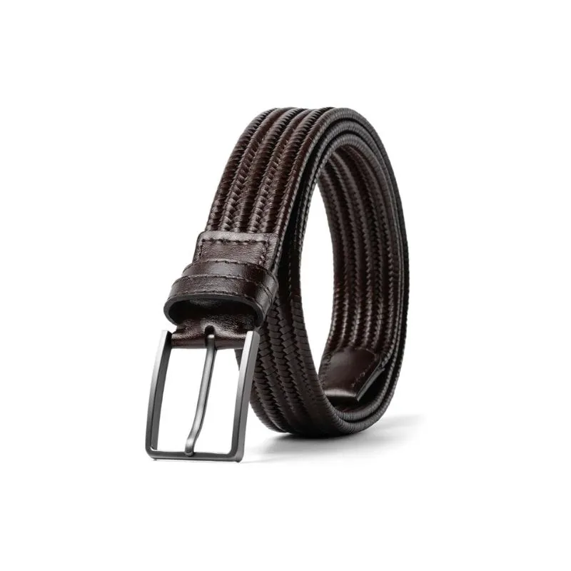 Dark Brown Woven Leather Belt With Stitch Detail