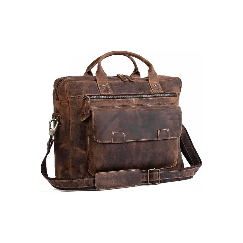 Distressed Leather Laptop Bag With Spacious Front Compartments