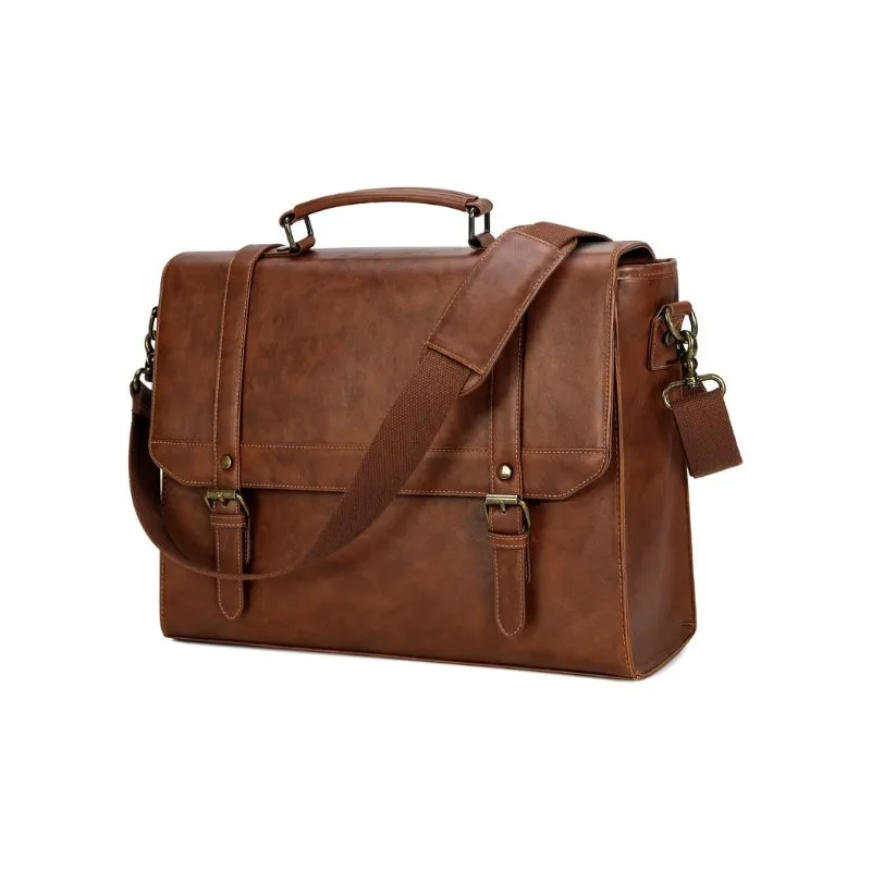Durable Brown Leather Laptop Bag With Buckle Closure