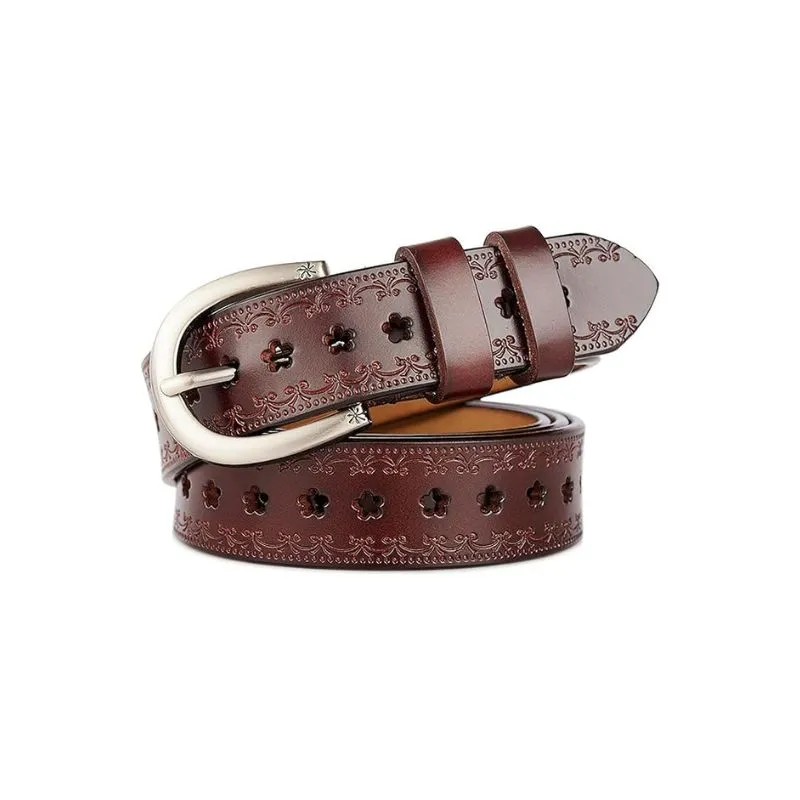 Elegant Perforated Brown Leather Belt For Women