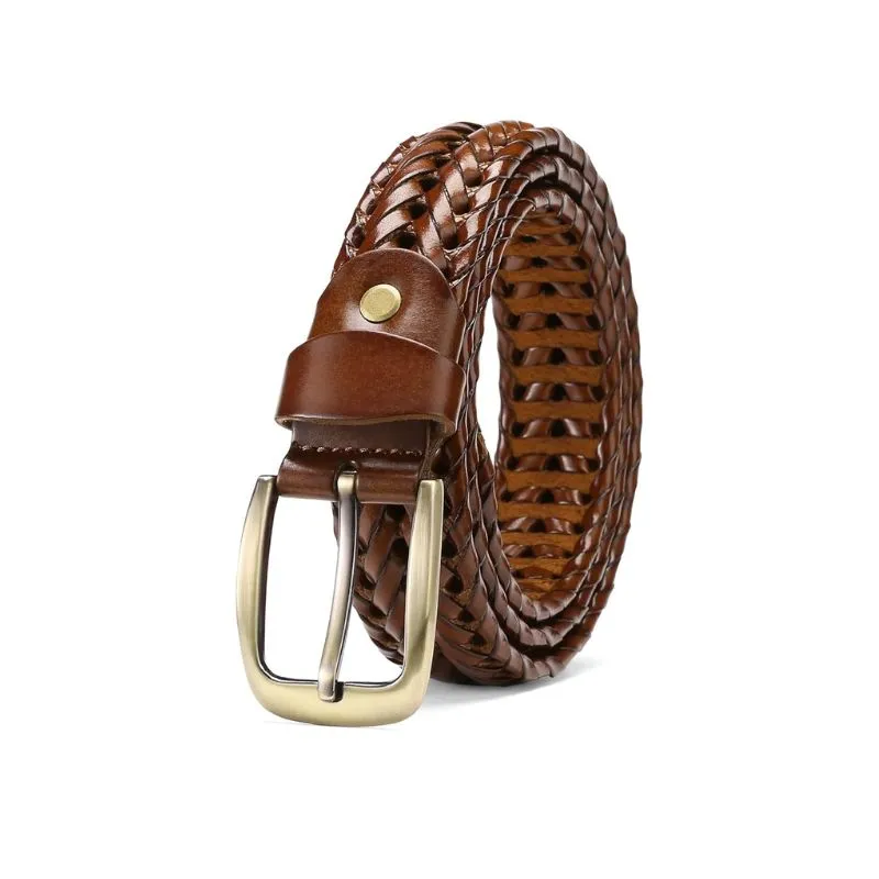 Glossy Black Braided Leather Belt With Metal Buckle