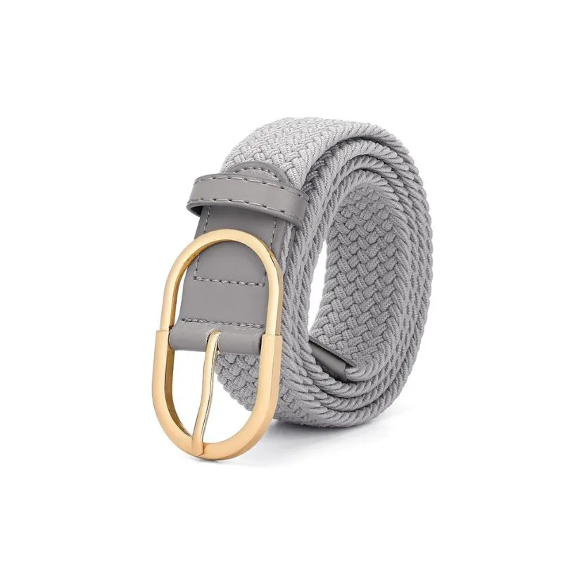 Gray Braided Elastic Woven Belt With Gold Buckle