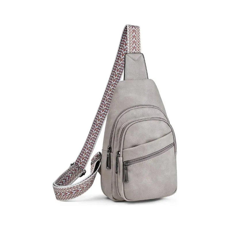 Gray Leather Cosmetic Bag With Adjustable Patterned Strap