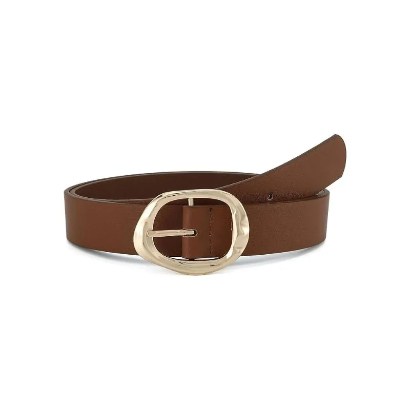 Hammered Gold Buckle Brown Leather Belt For Women