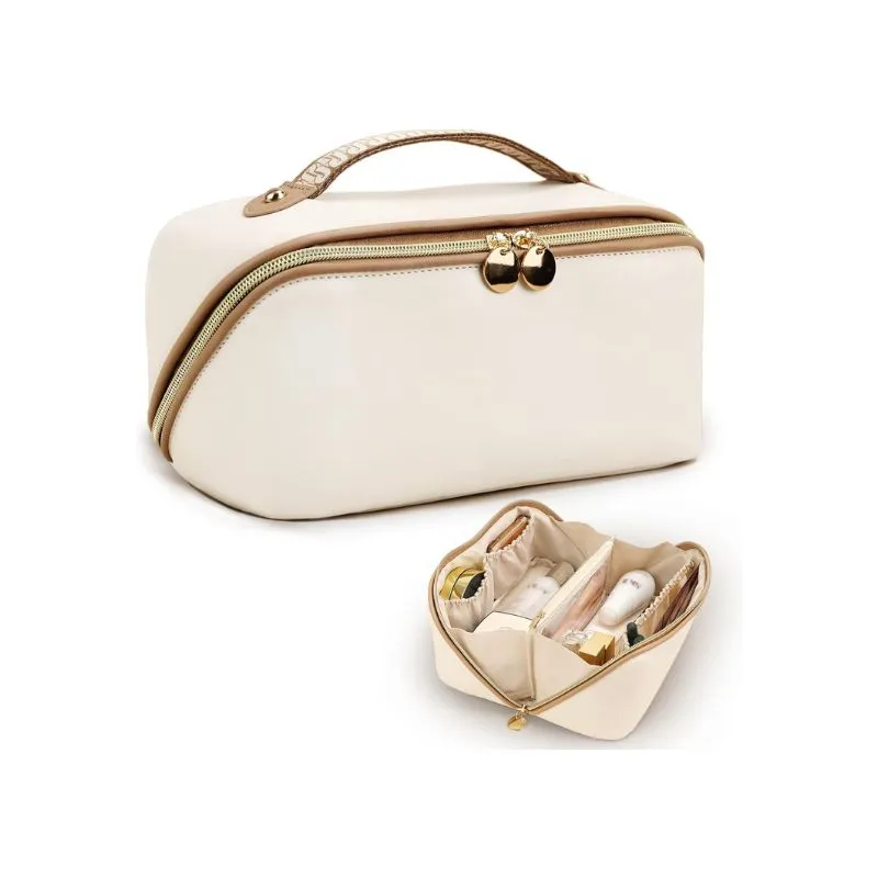 Ivory PU Leather Cosmetic Bag with Compartments