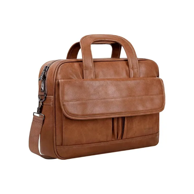 Lightweight Tan Leather Laptop Bag With Front Organizer