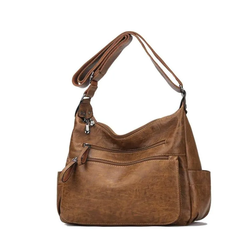 Multi-Pocket Vintage Brown Leather Hobo Shoulder Bag