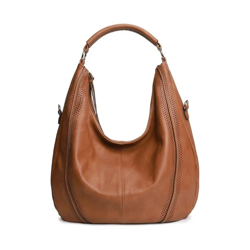Perforated Camel Leather Hobo Bag With Spacious Design