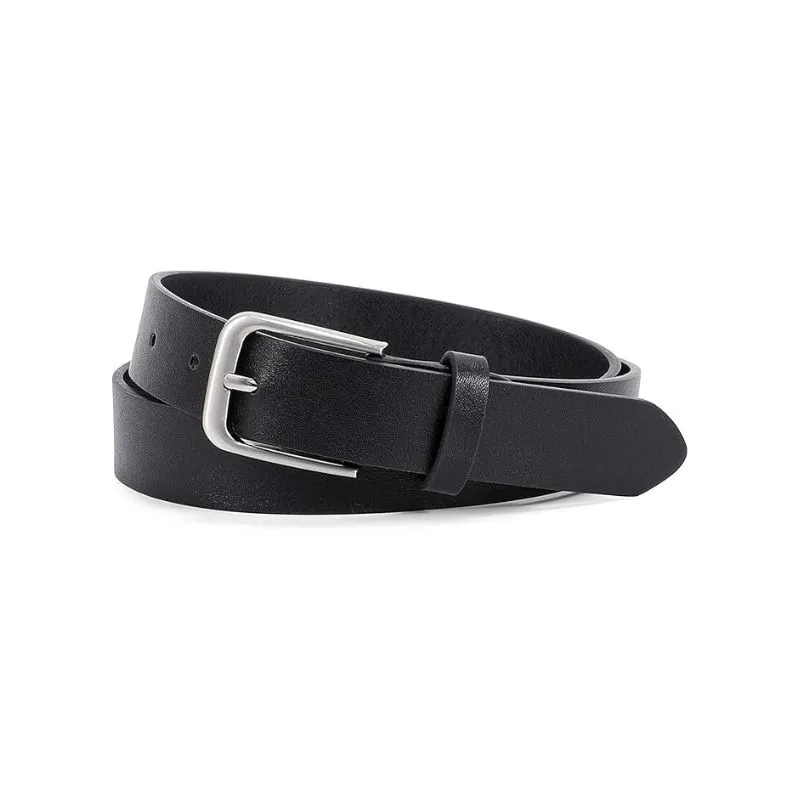 Polished Silver Buckle Black Leather Belt For Women