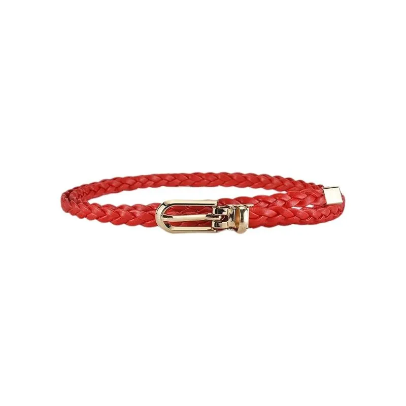 Red Braided Leather Belt With Gold-Plated Buckle