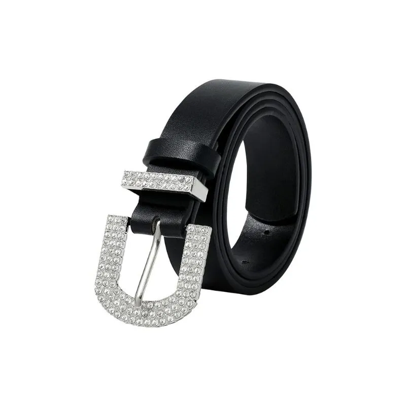 Rhinestone Buckle PU Leather Belt In Black