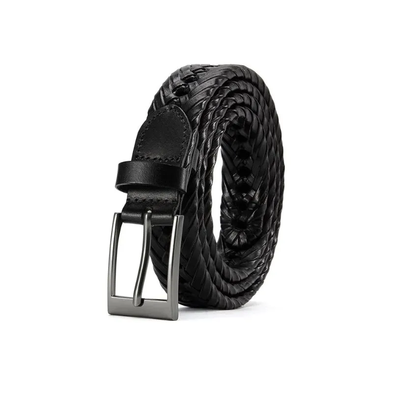 Sleek Black Woven Leather Belt With Polished Buckle
